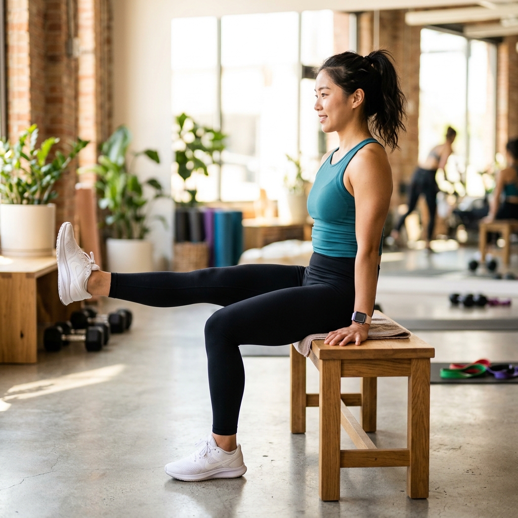 의자에 앉아 다리를 펴는 허벅지 근력 운동 장면