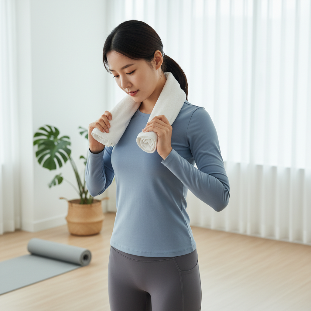 수건을 목 뒤에 걸치고 양손으로 잡아당기며 목 스트레칭을 하는 한국인 여성의 모습