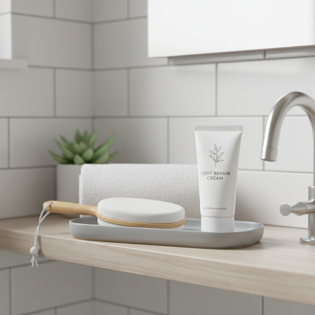 뒤꿈치 각질 제거 도구와 풋크림이 놓인 욕실 선반