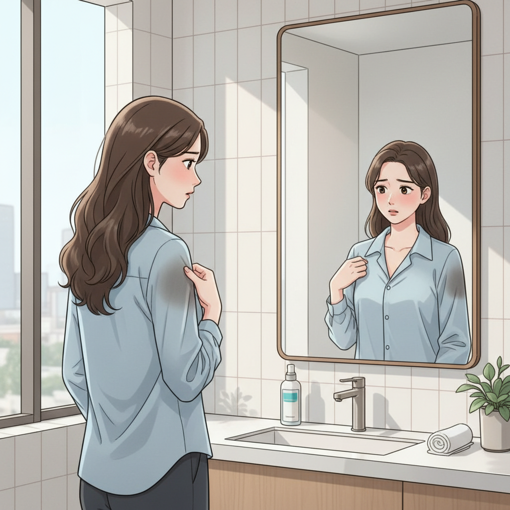 겨드랑이 땀으로 고민하는 한국인 여성이 거울 앞에서 옷 상태를 확인하는 장면