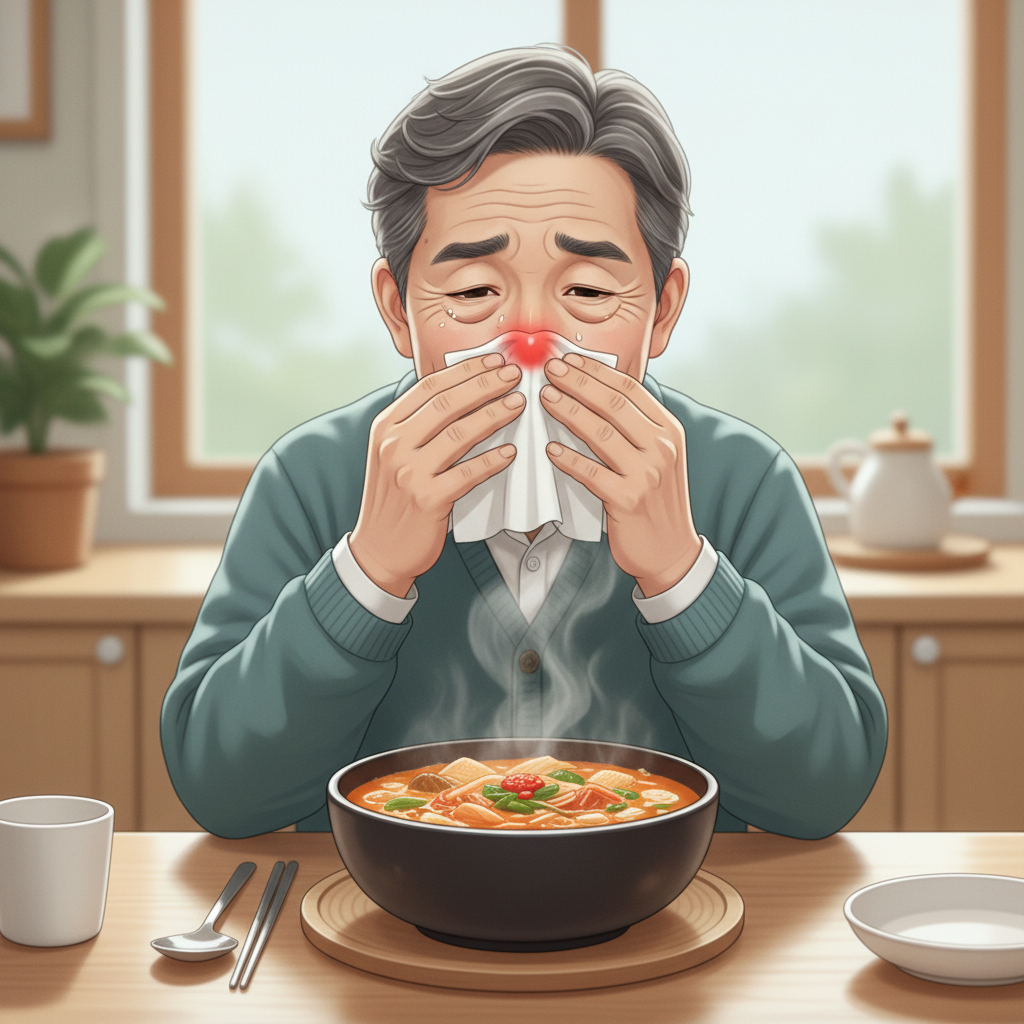 따뜻한 국물 요리를 앞에 두고 휴지로 콧물을 닦는 70대 한국인 어르신의 모습