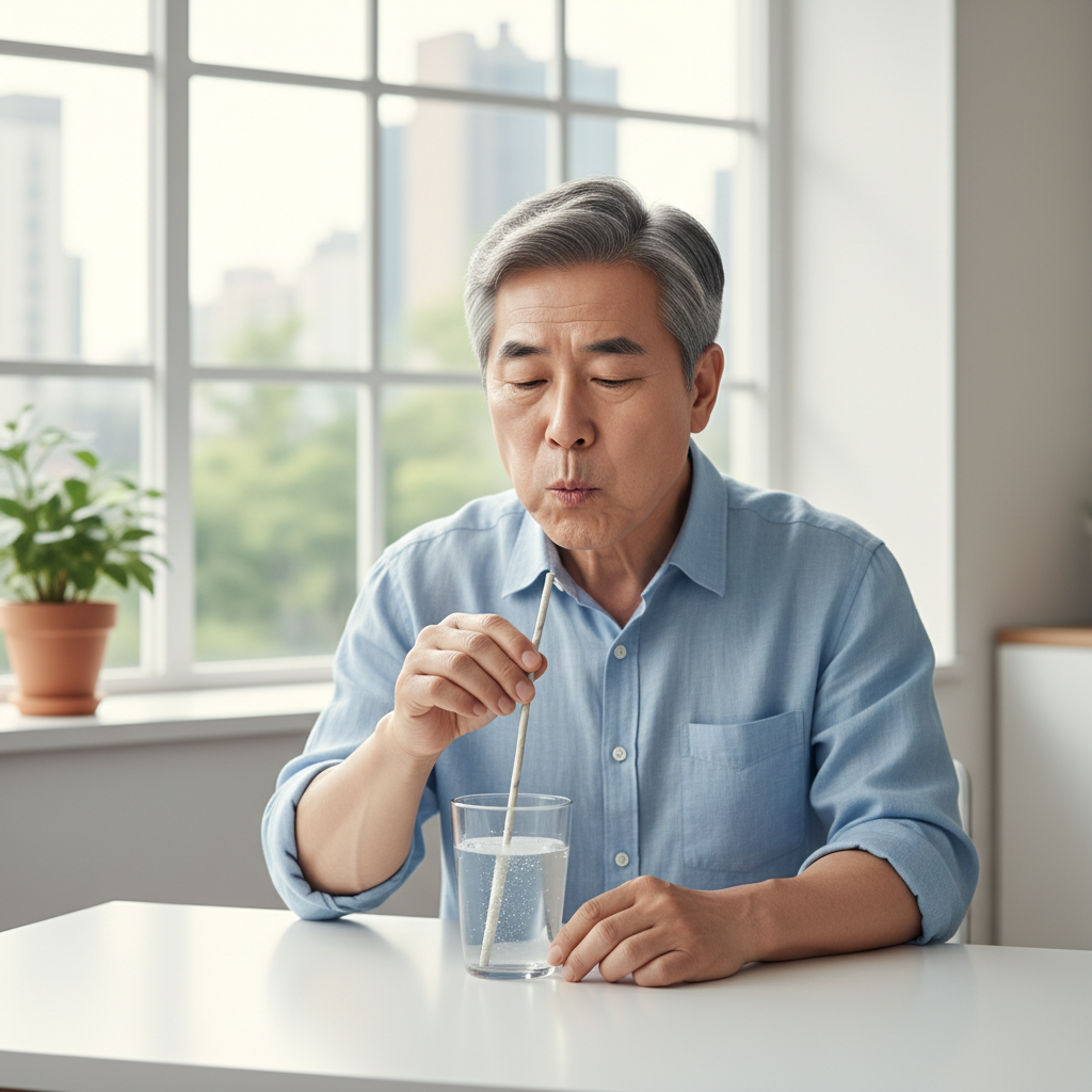 60대 한국인이 물컵에 빨대를 넣고 불기 운동을 하는 장면