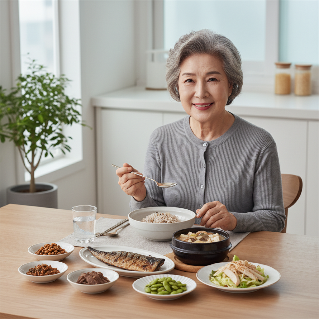 단백질이 풍부한 식사를 하는 한국인 시니어의 식탁 풍경