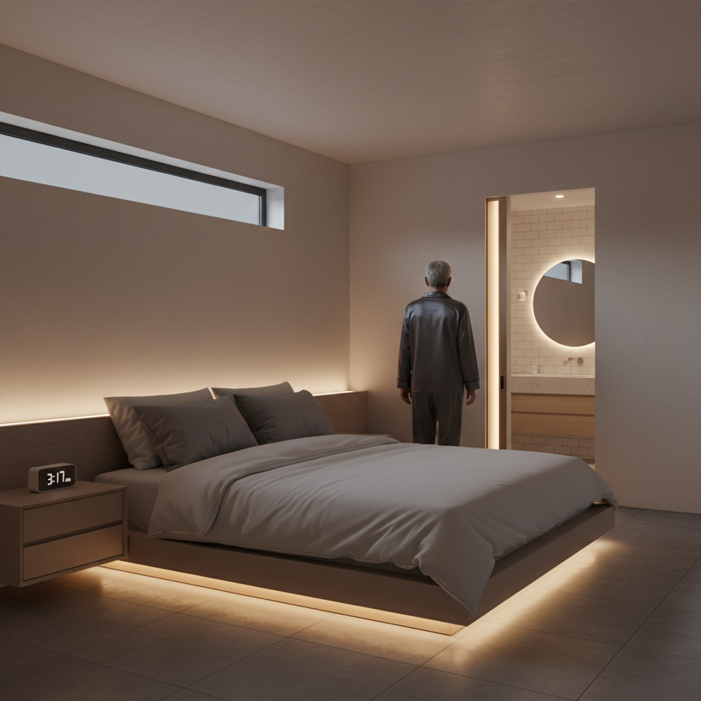 밤에 침대에서 일어나 화장실로 가는 60대 한국인 남성의 뒷모습