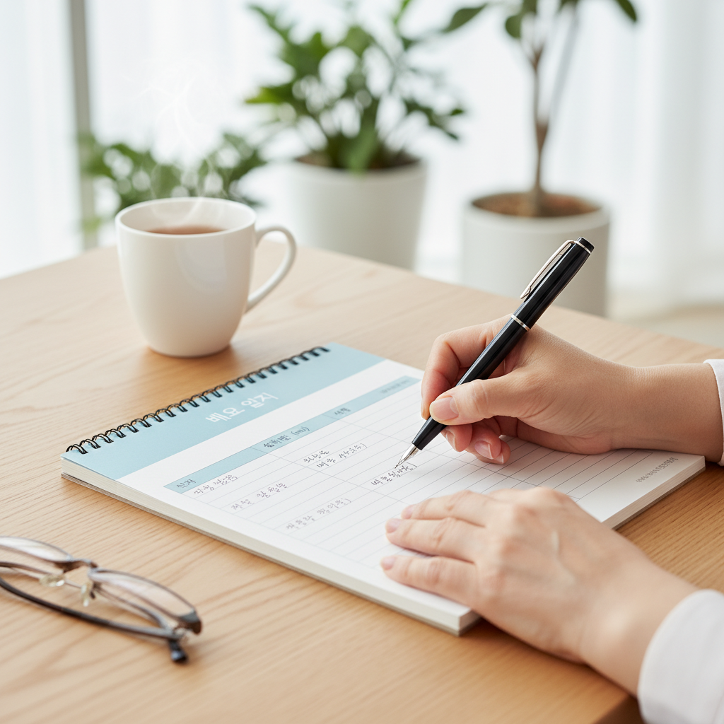 배뇨 일지를 작성하는 60대 한국인 여성의 손과 노트
