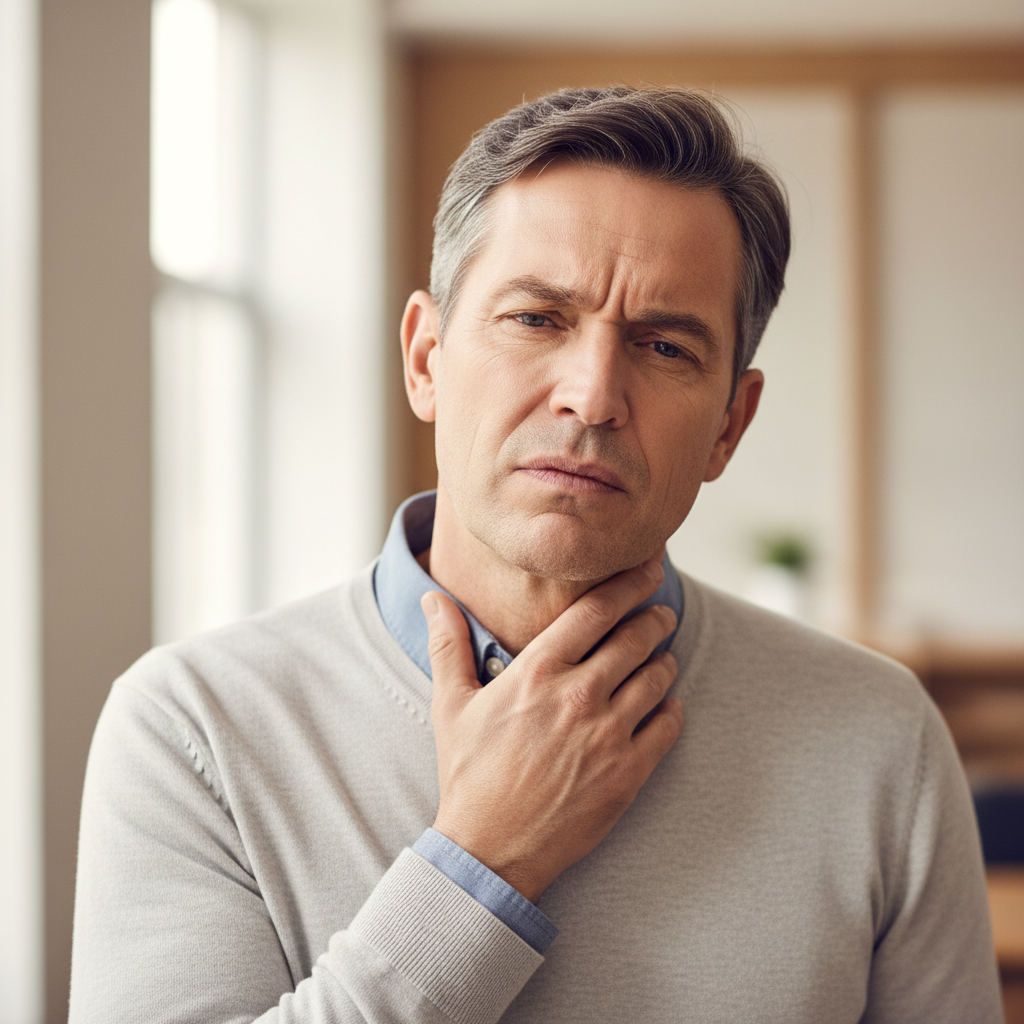 목을 만지며 불편함을 느끼는 중년 남성의 모습