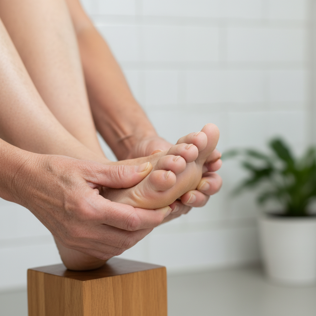 발을 올려놓고 발톱 상태를 살피는 70대 어르신의 손