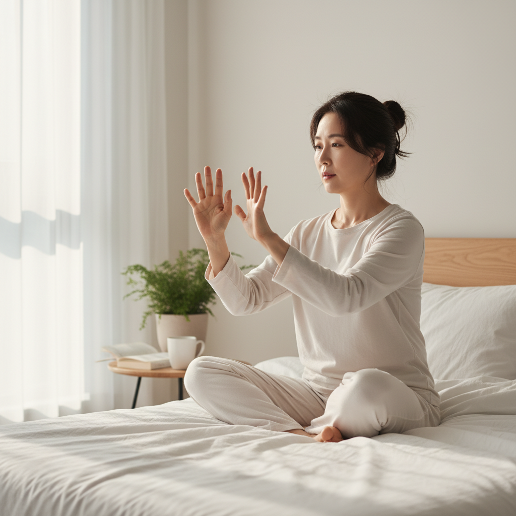 아침에 침대에 앉아 손가락을 펴려고 하는 50대 한국인 여성