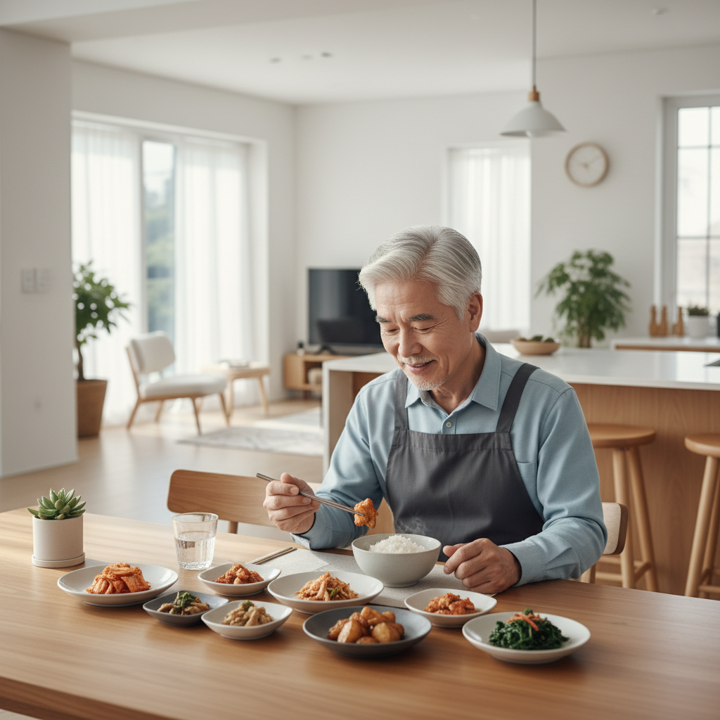 식탁 앞에서 앞치마를 두른 한국인 실버 남성이 편안하게 식사하는 모습