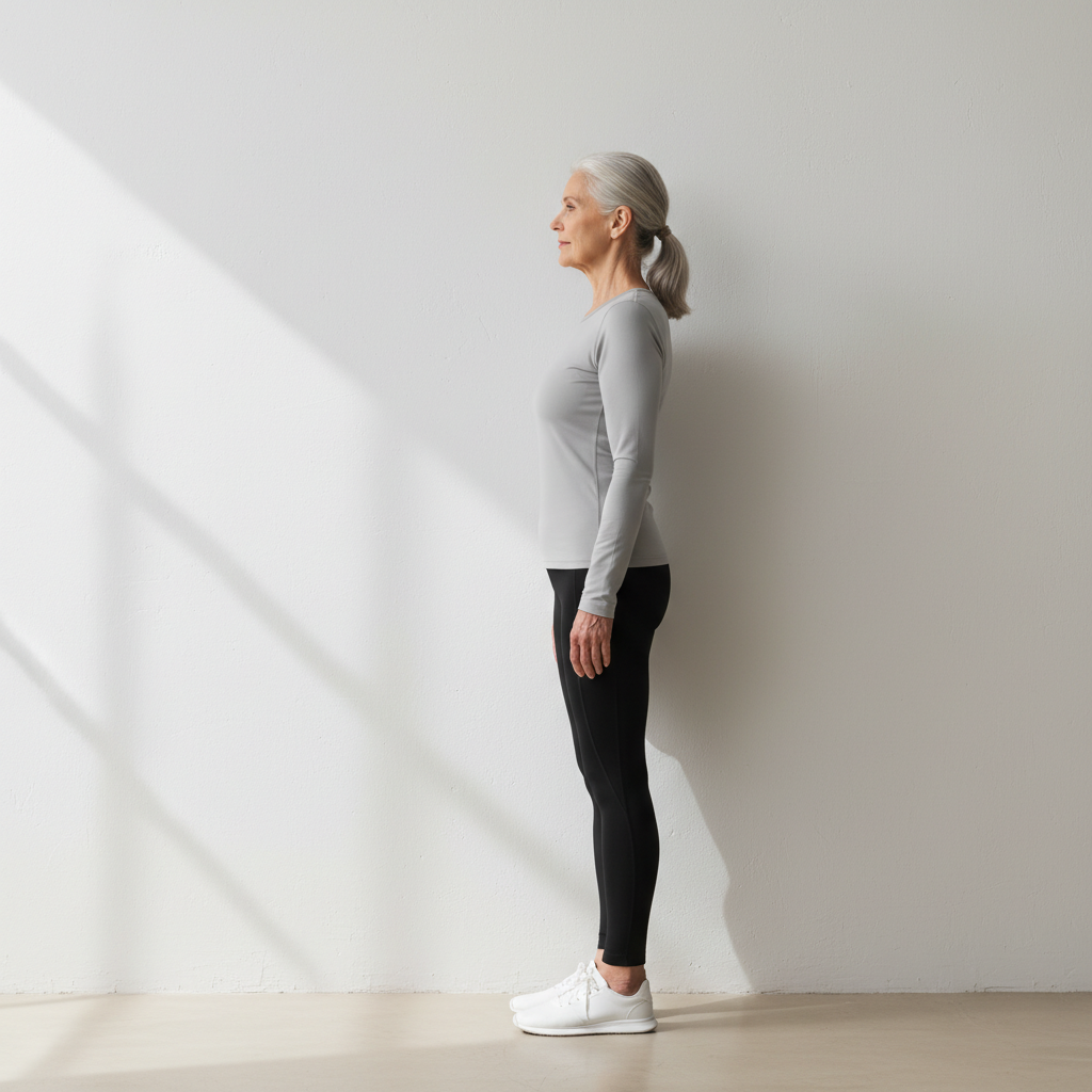 벽에 등을 대고 바르게 선 시니어의 옆모습