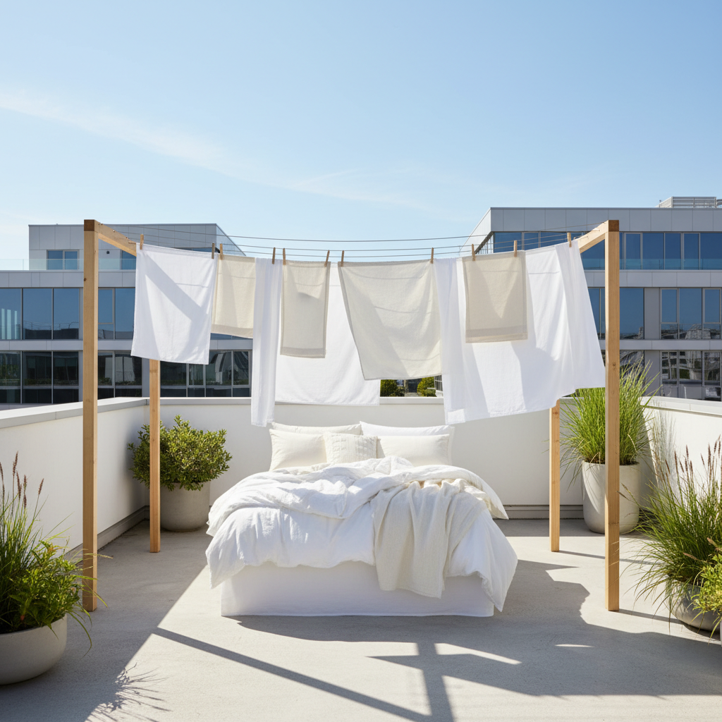 햇볕 아래 침구를 말리는 장면