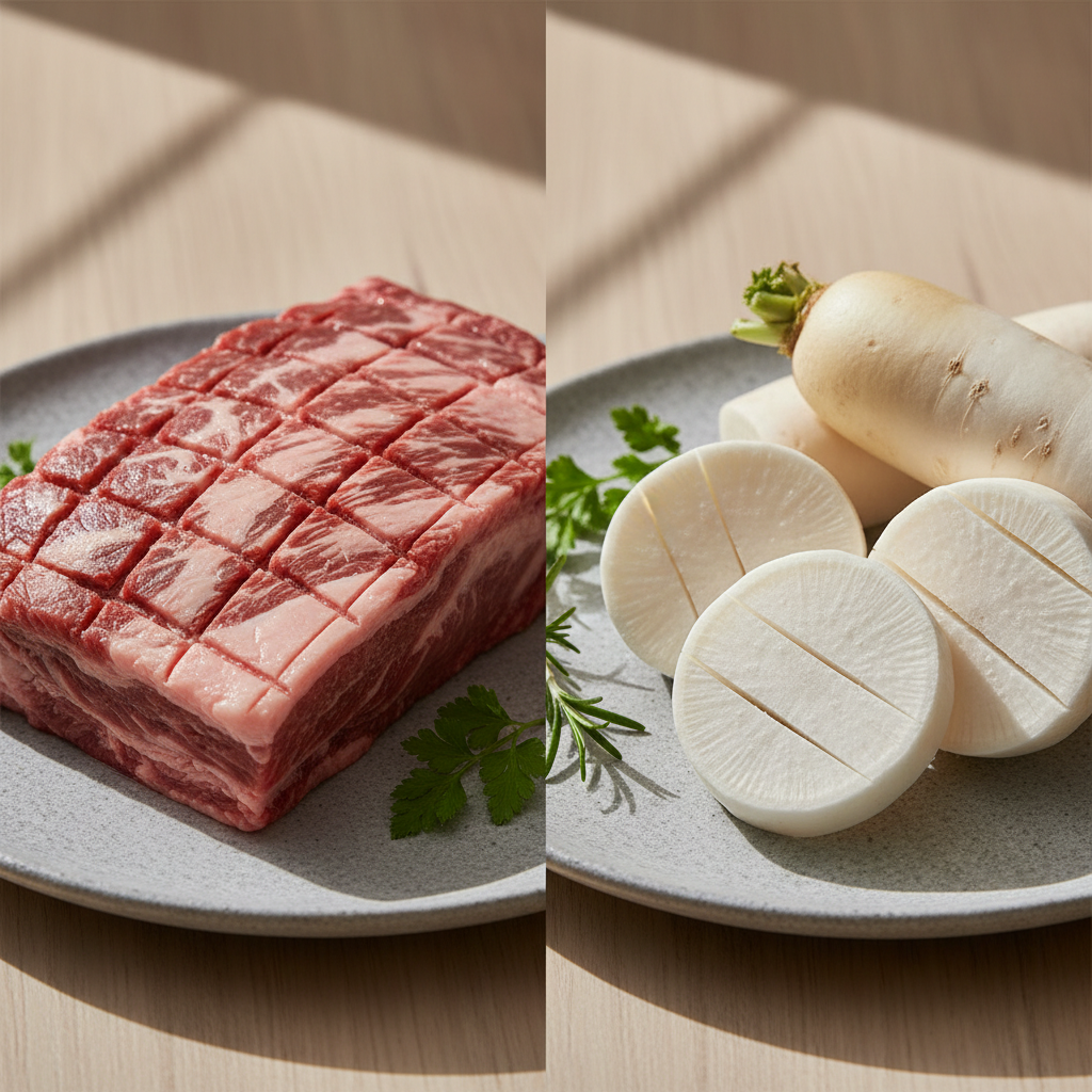 칼집 낸 고기와 무를 비교한 장면