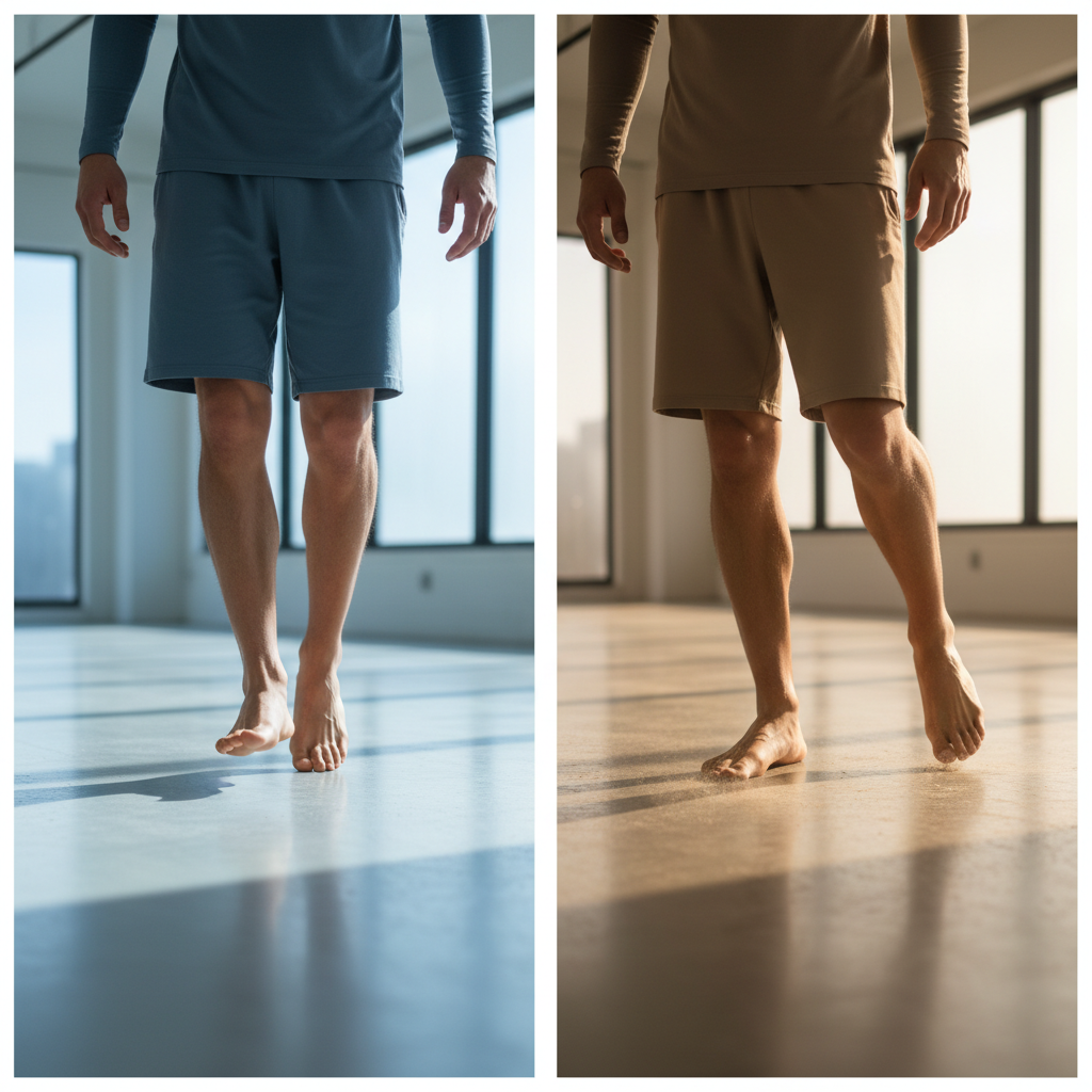 발끝을 들고 걷는 모습과 발이 바닥에 끌리는 모습 비교 장면