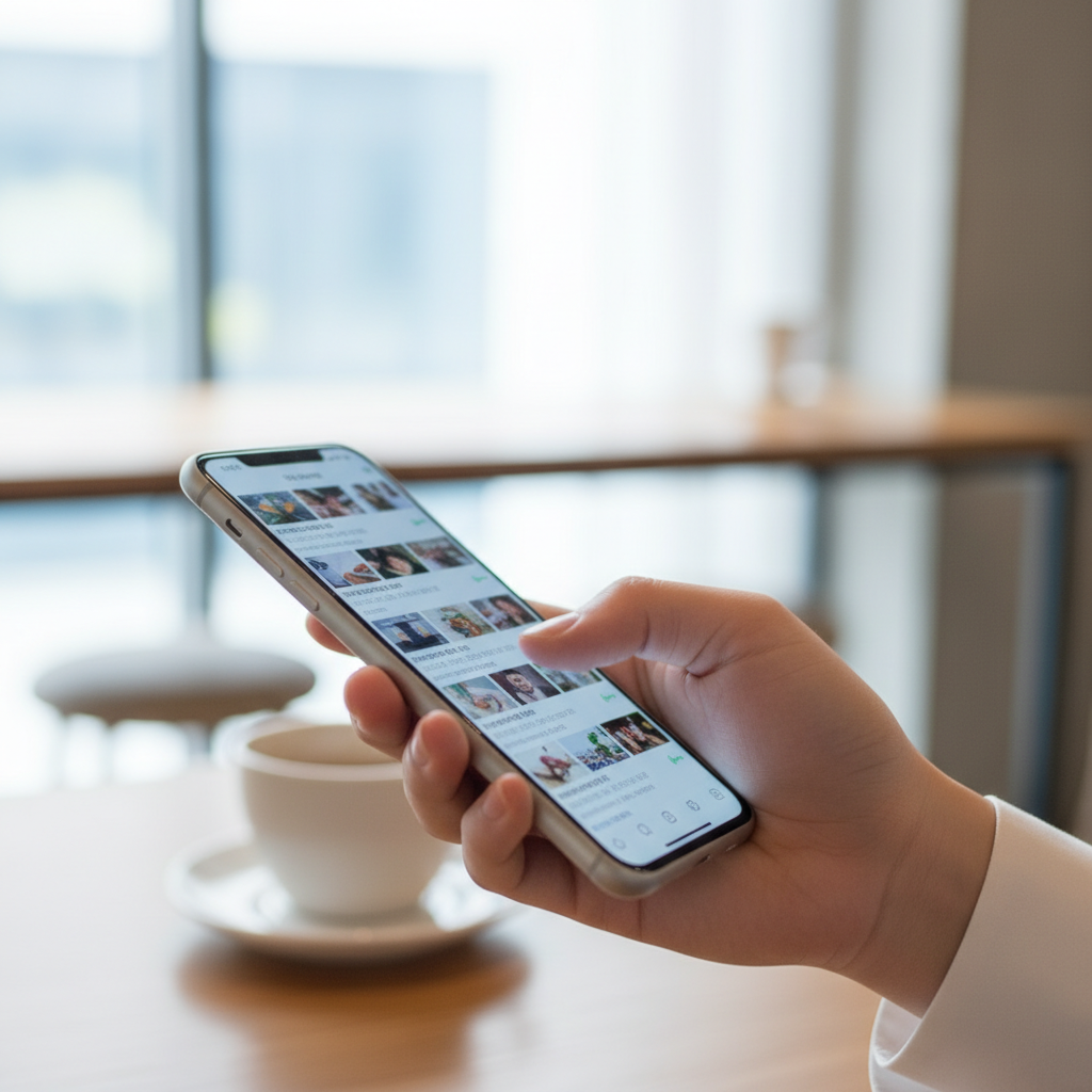 스마트폰을 들고 빠르게 피드를 스크롤하는 한국인의 손 클로즈업