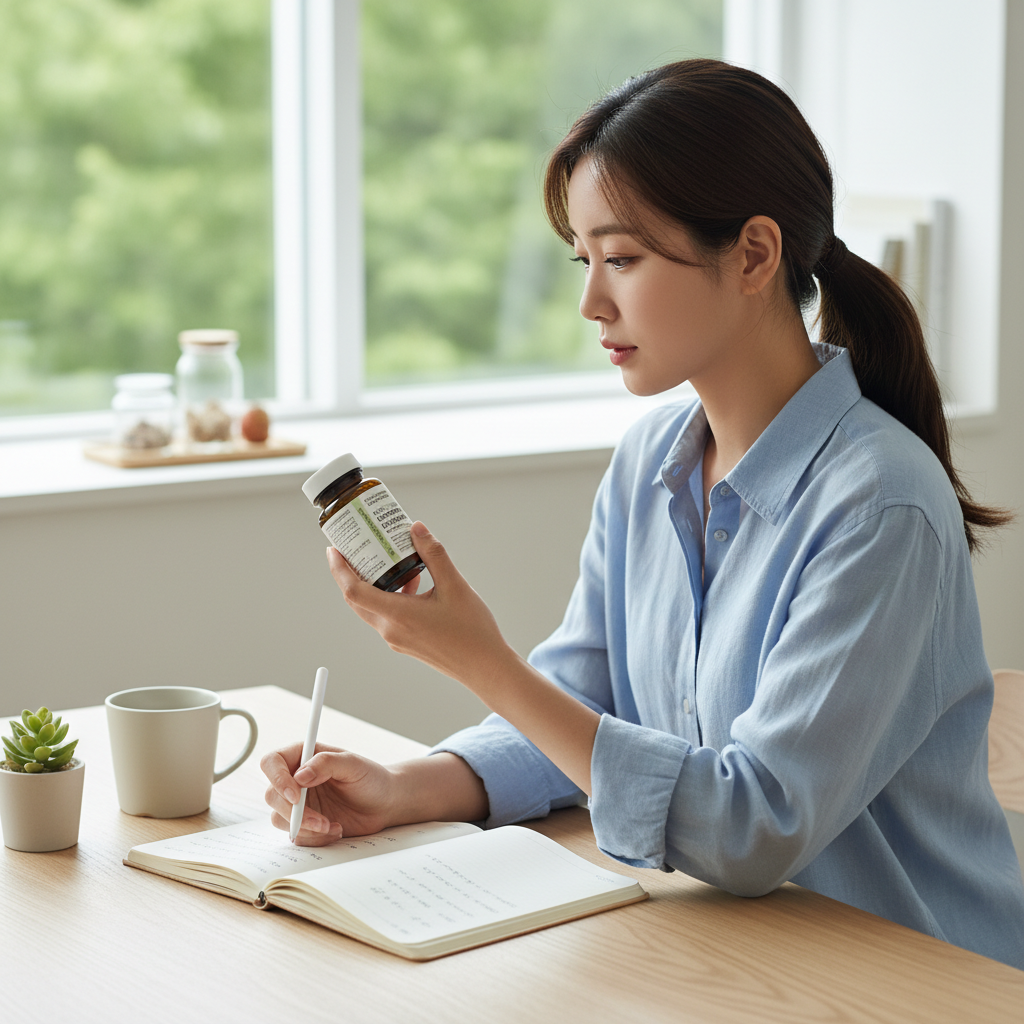 영양제 라벨을 확인하며 메모하는 한국인 여성