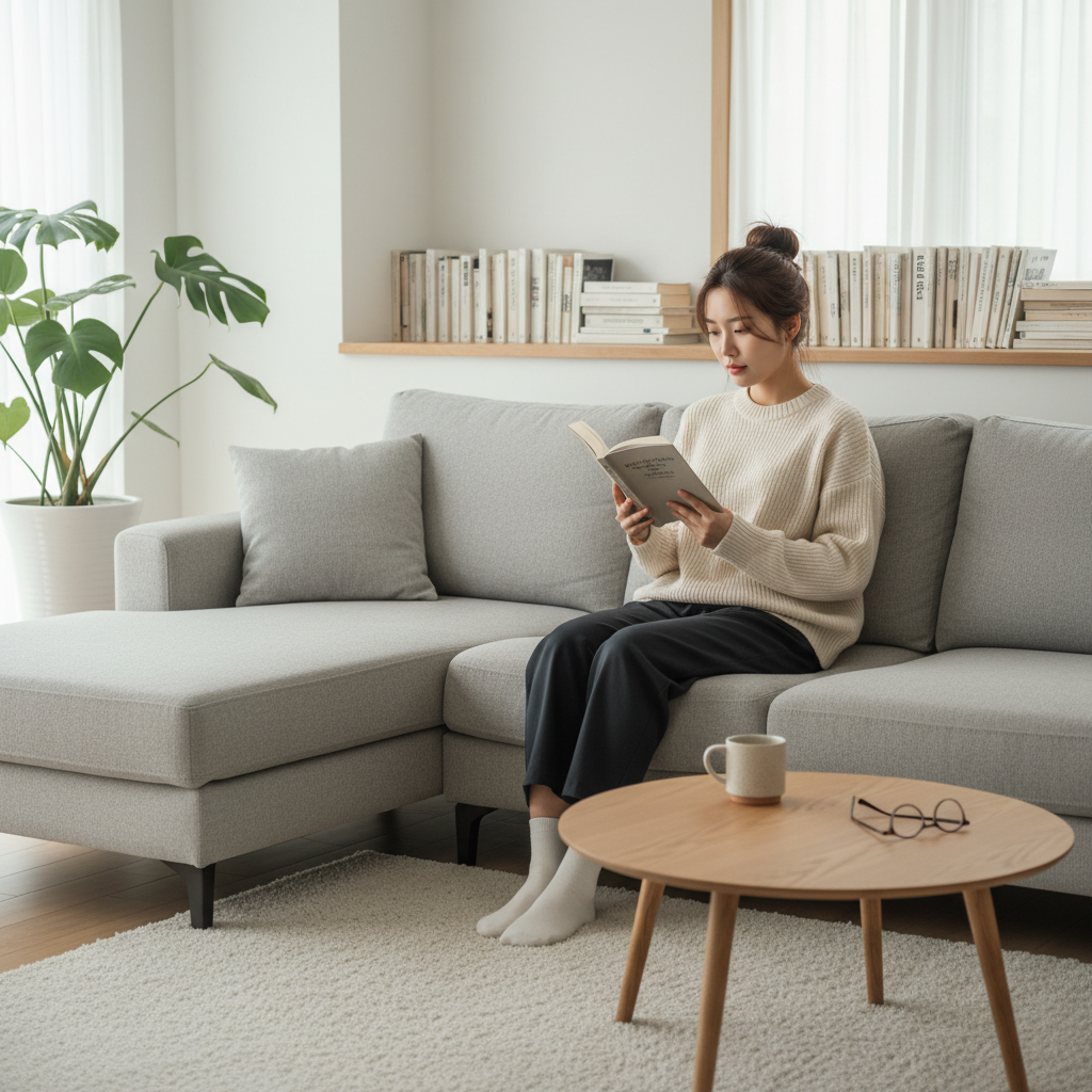 침대가 아닌 거실 소파에서 책을 읽고 있는 한국인 여성