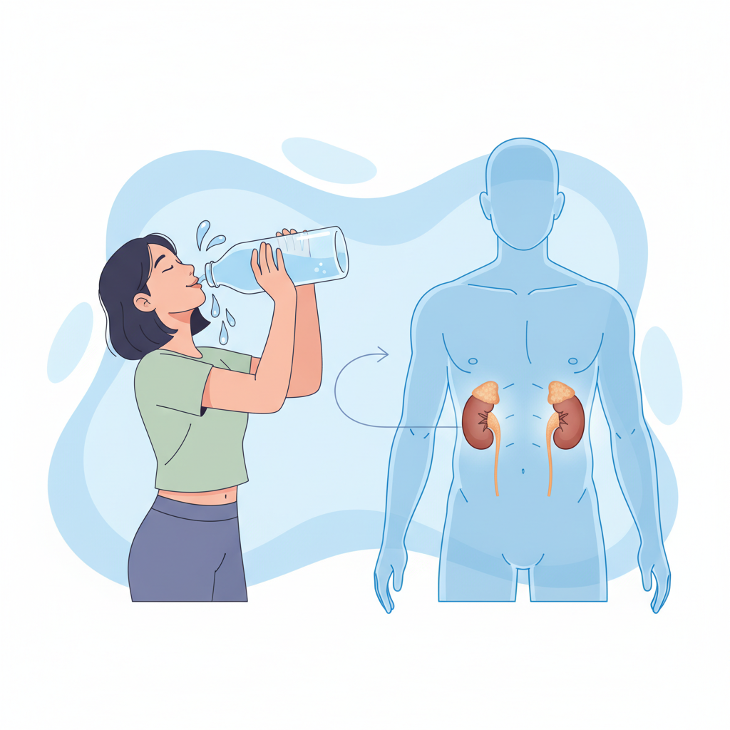 한국인이 한 번에 물을 많이 마시는 모습과 신장 위치를 나타내는 인체 구조 일러스트