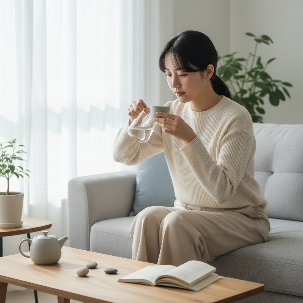 한국인이 작은 컵에 물을 따라 조금씩 마시는 일상 장면