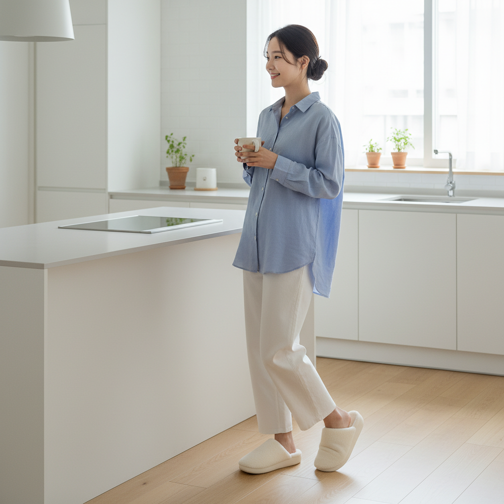 쿠션이 있는 실내 슬리퍼를 신고 주방에서 서 있는 한국인 여성의 모습