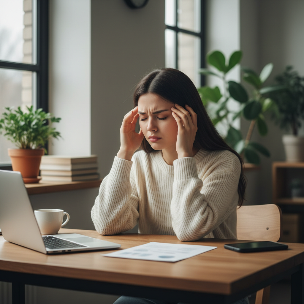 책상 앞에서 머리를 감싸 쥐고 있는 한국인 여성, 신체화 증상을 겪는 장면