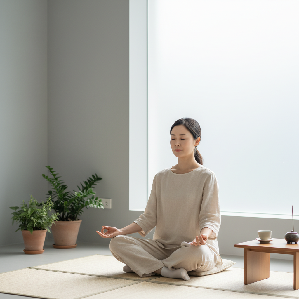 조용한 공간에서 명상 자세로 앉아 있는 한국인 여성, 차분한 분위기