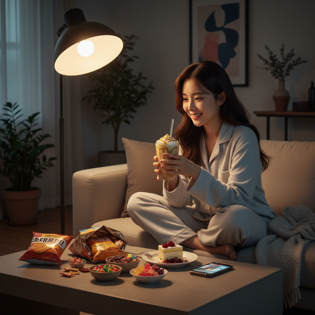 밤늦게 단 음료와 과자를 먹고 있는 한국인 여성의 모습