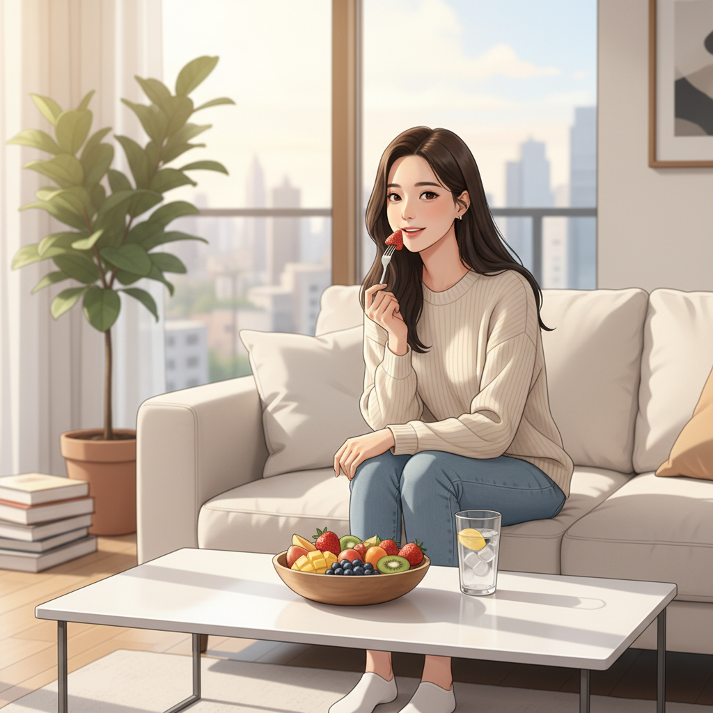 오후 시간대에 과일을 간식으로 먹고 있는 한국인 여성의 모습