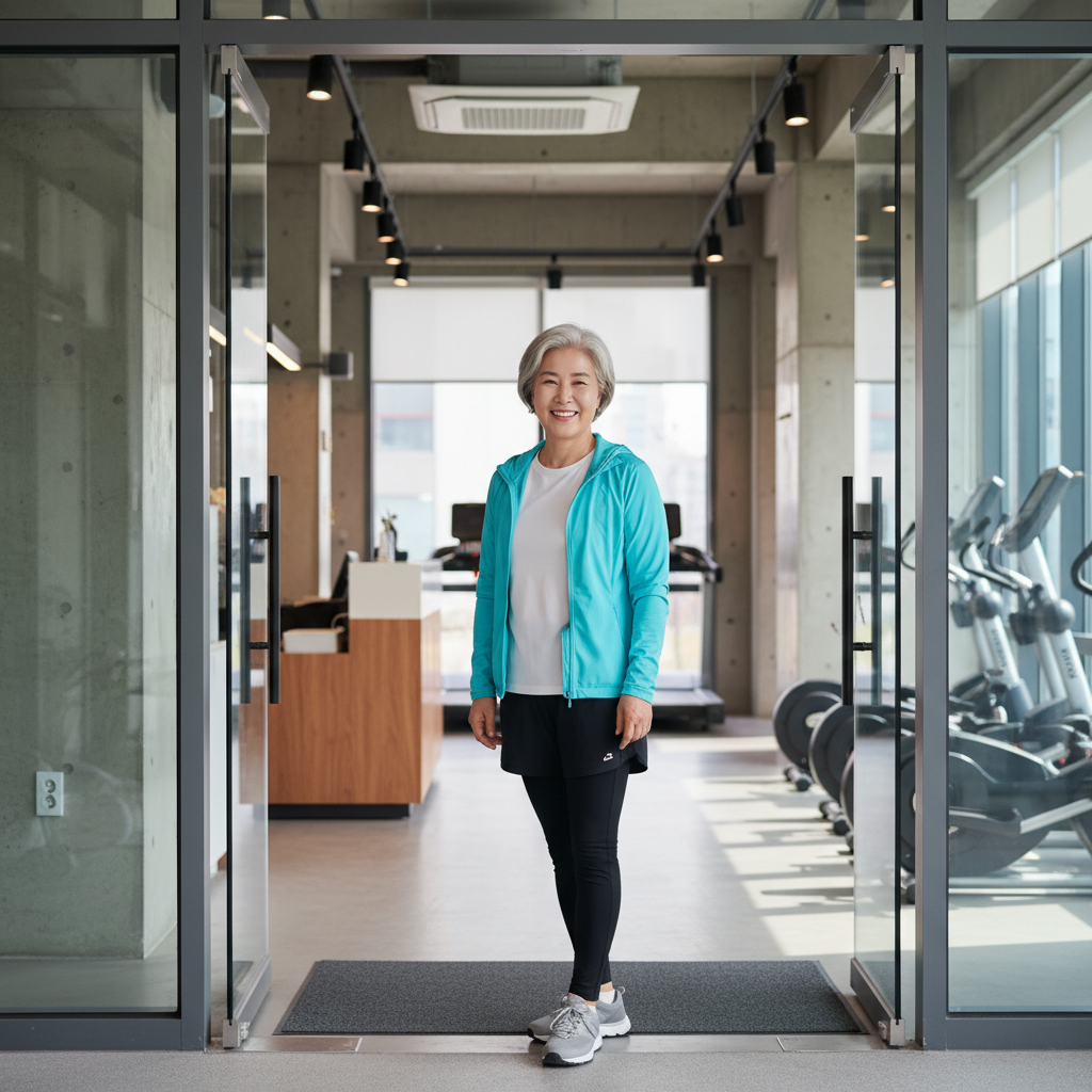 60대 한국인 여성이 헬스장 입구에서 운동복 차림으로 밝게 웃고 있는 장면