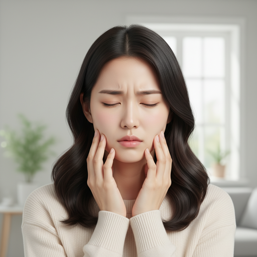 턱 주변을 손으로 감싸며 불편함을 느끼는 한국인 여성의 모습