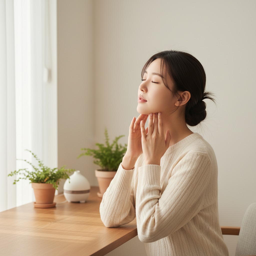 조용히 앉아 턱 주변을 부드럽게 마사지하는 한국인 여성