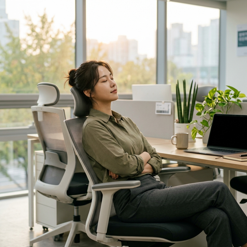 의자 등받이에 기대어 눈을 감고 휴식하는 직장인의 모습