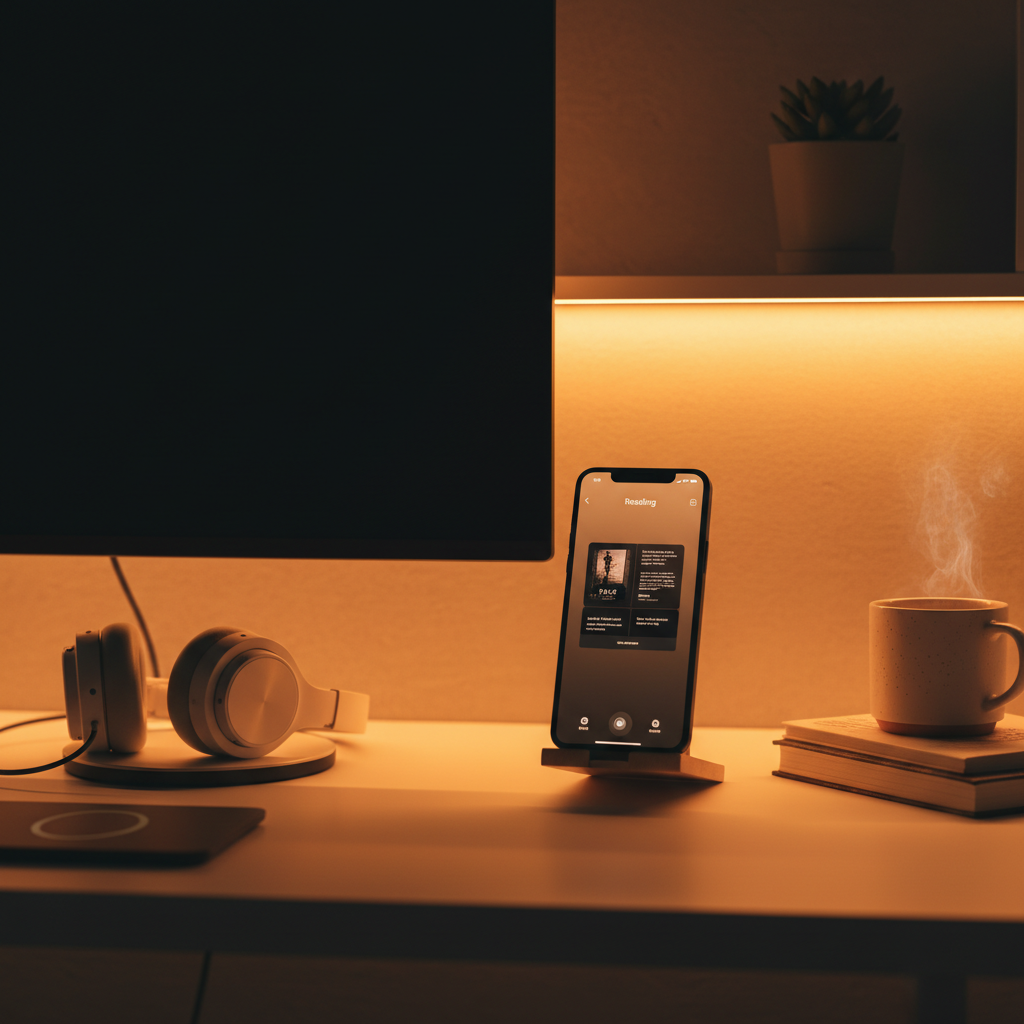 야간 모드가 켜진 스마트폰 화면과 간접 조명이 켜진 책상 위 장면