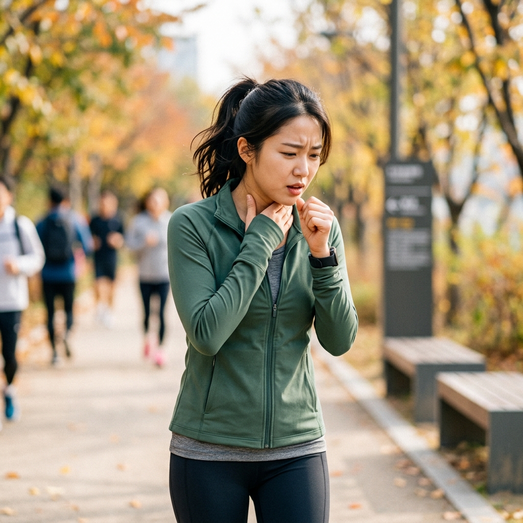 목을 감싸 쥐고 헛기침하는 한국인 여성의 모습