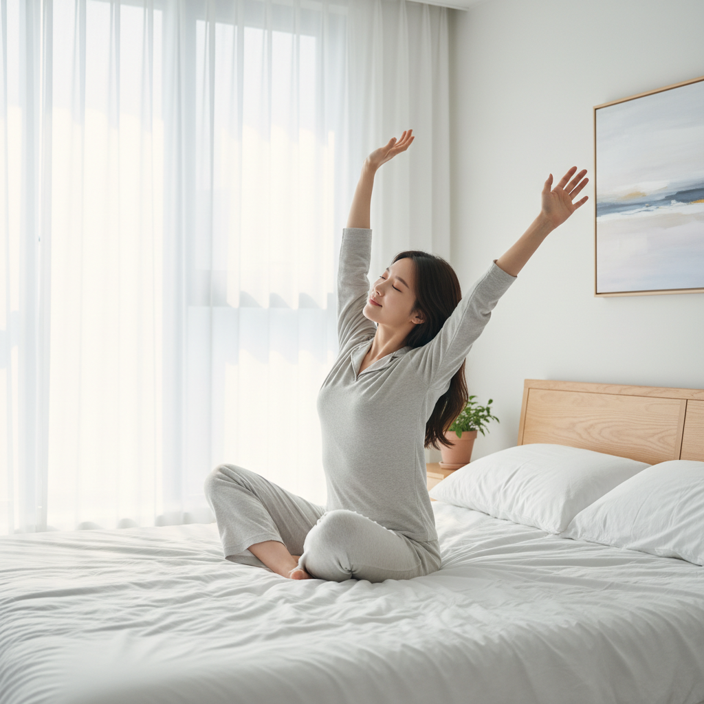 아침에 침대에서 일어나 팔과 다리를 가볍게 펴고 있는 한국인 여성