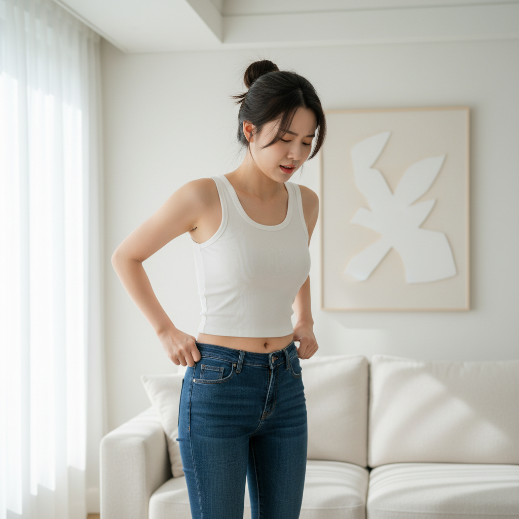 꽉 조이는 청바지를 입고 허리를 만지며 불편해하는 한국인 여성
