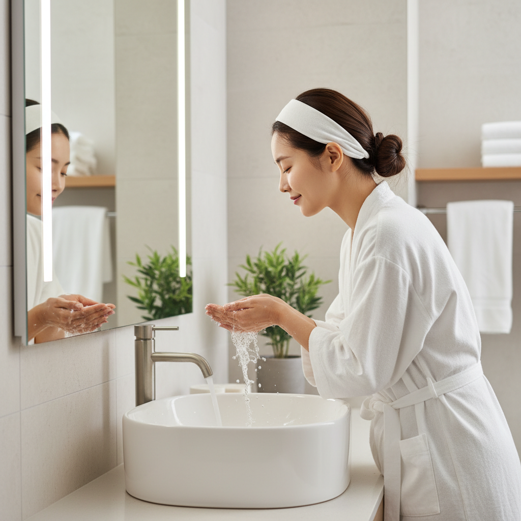 세면대 앞에서 미온수로 세안하는 한국인 여성의 모습