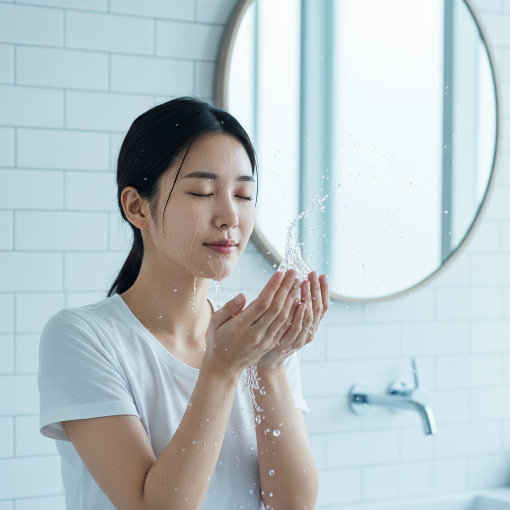 찬물로 얼굴을 헹구는 한국인 여성의 클로즈업 장면
