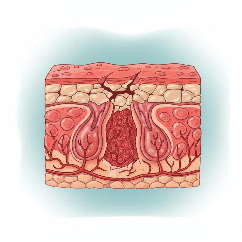 피부 보호막이 손상된 피부 단면과 붉어진 피부 표면