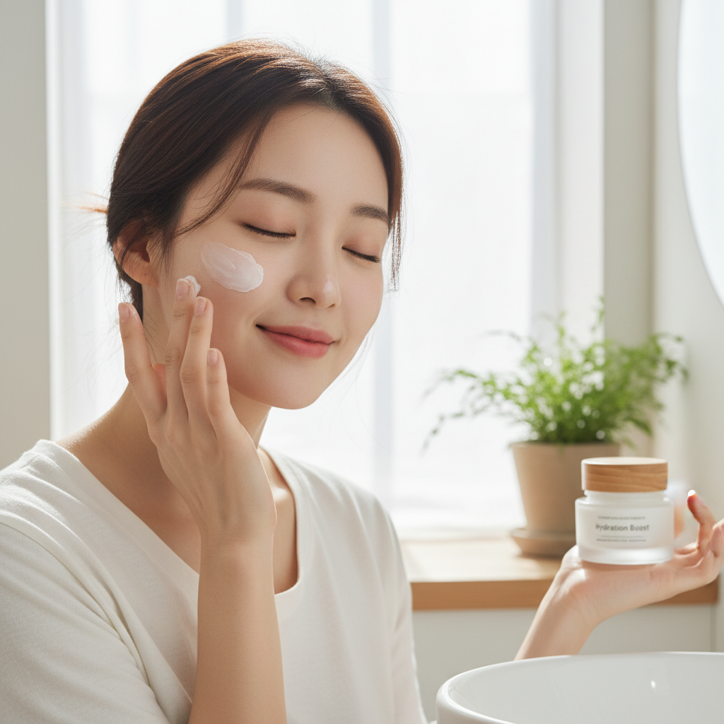 보습 크림을 얼굴에 바르는 한국인 여성