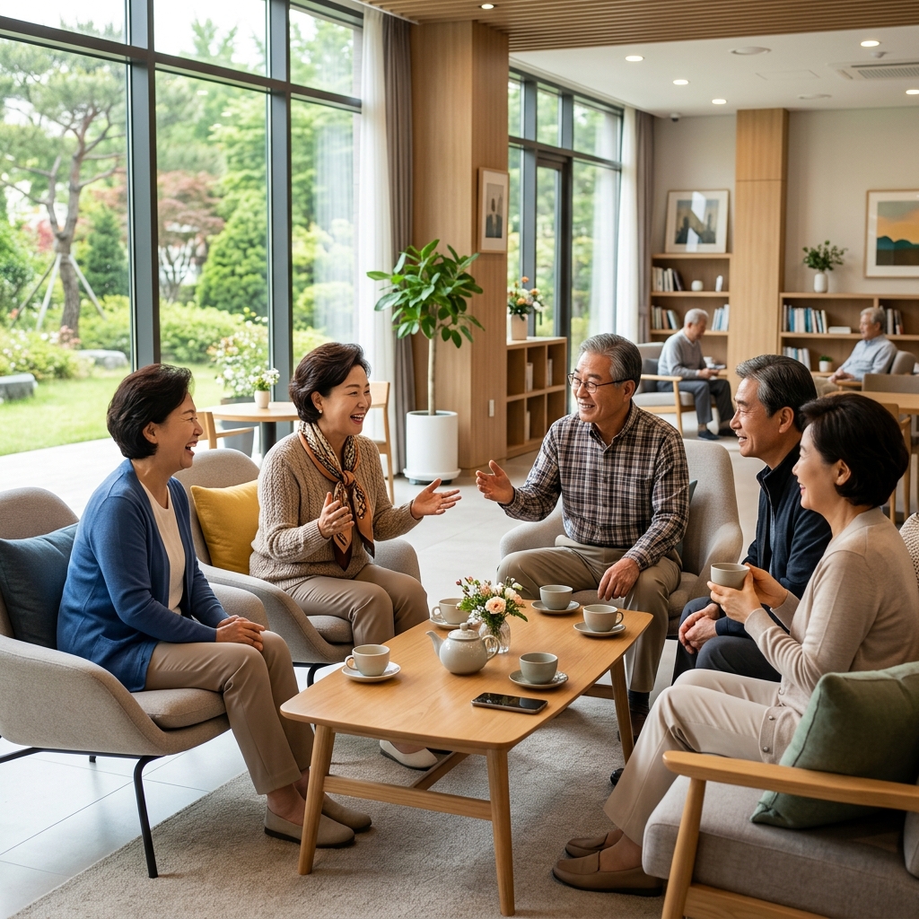 시니어타운 공용 공간에서 대화하는 한국인 시니어들의 모습