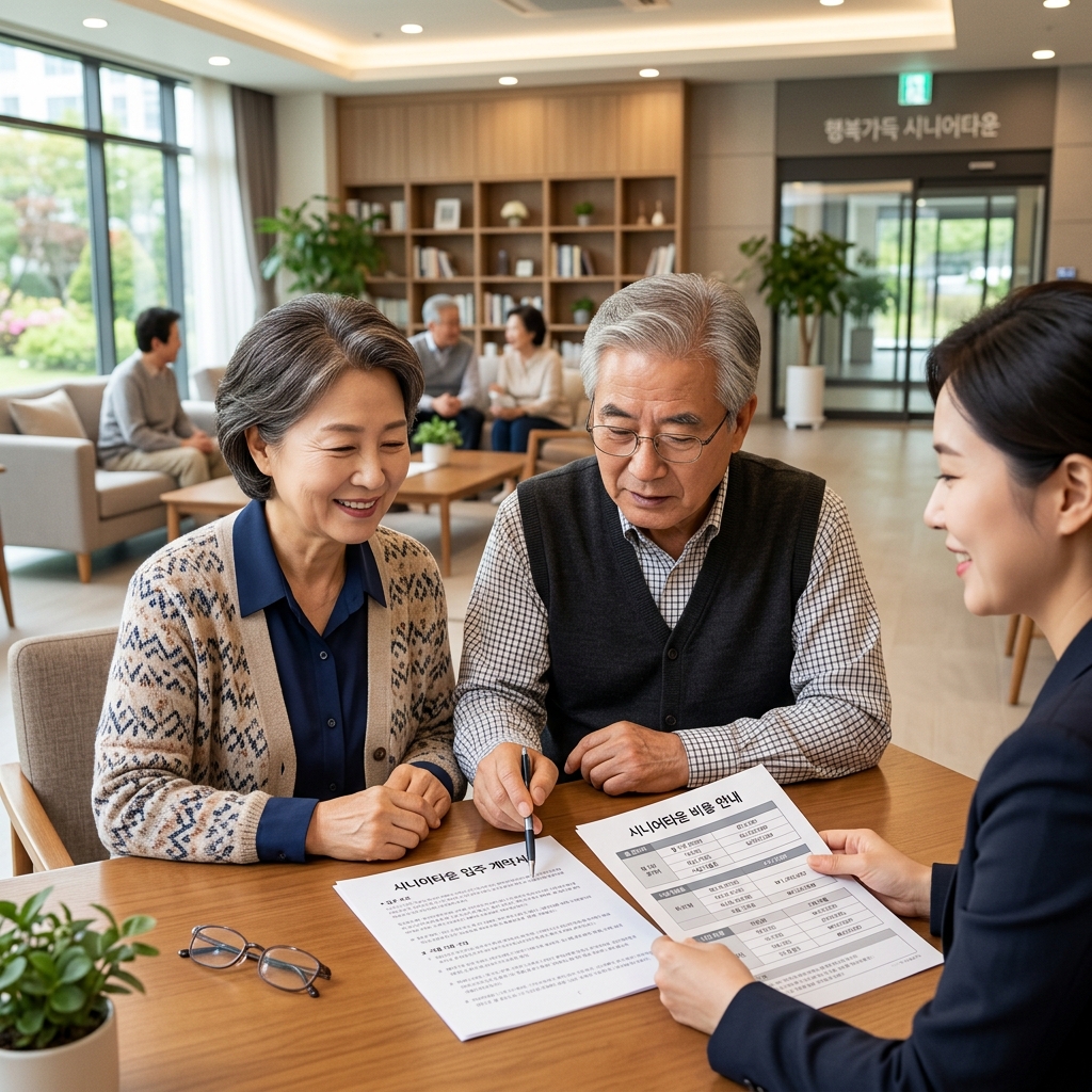 시니어타운 계약서와 비용 안내 자료를 확인하는 장면