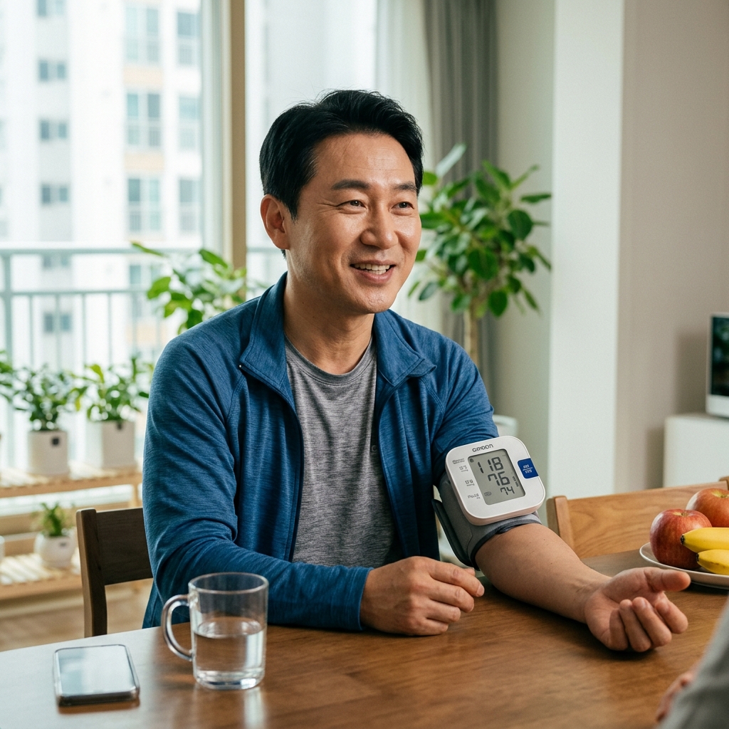 혈압 측정기를 사용해 혈압을 재는 한국인의 모습