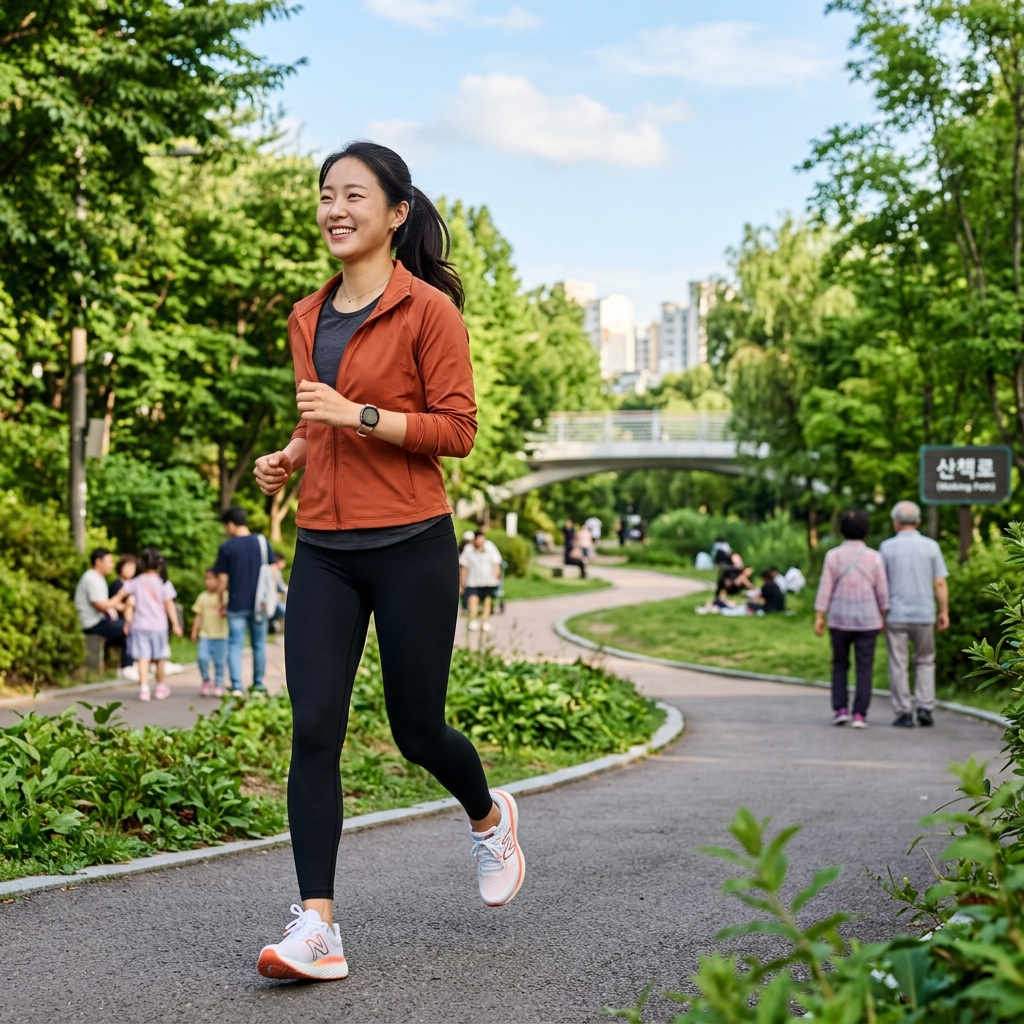 공원에서 가볍게 산책하는 한국인의 모습