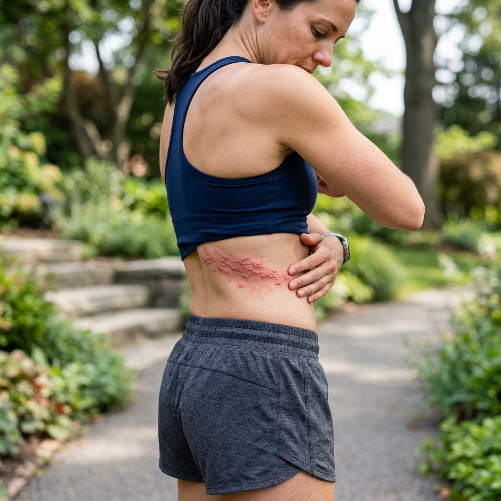 몸 한쪽에 띠 모양으로 나타나는 대상포진 발진 부위