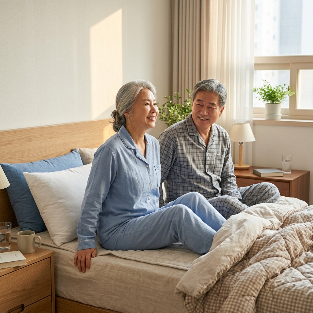 침대에서 천천히 일어나는 실버세대의 모습