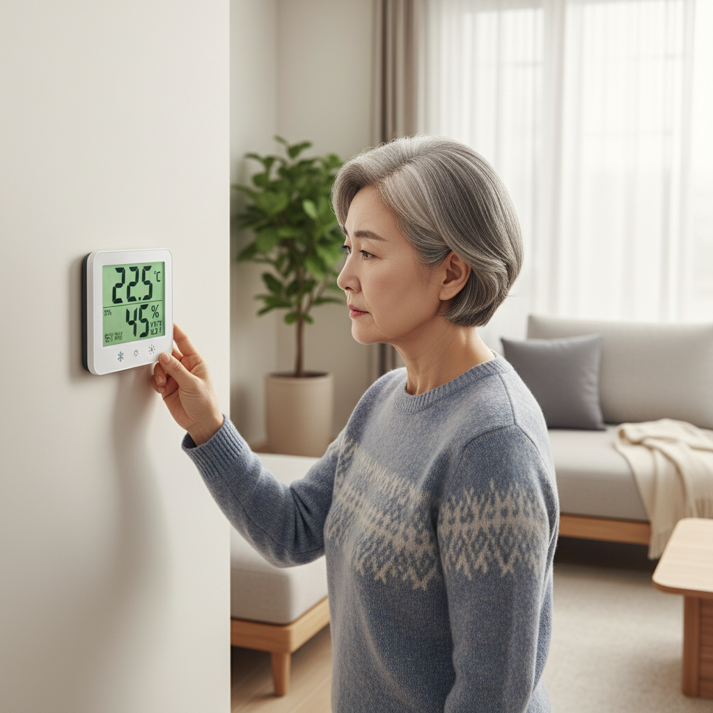 거실 벽에 걸린 실내 온도계를 확인하는 70대 한국인 여성의 모습