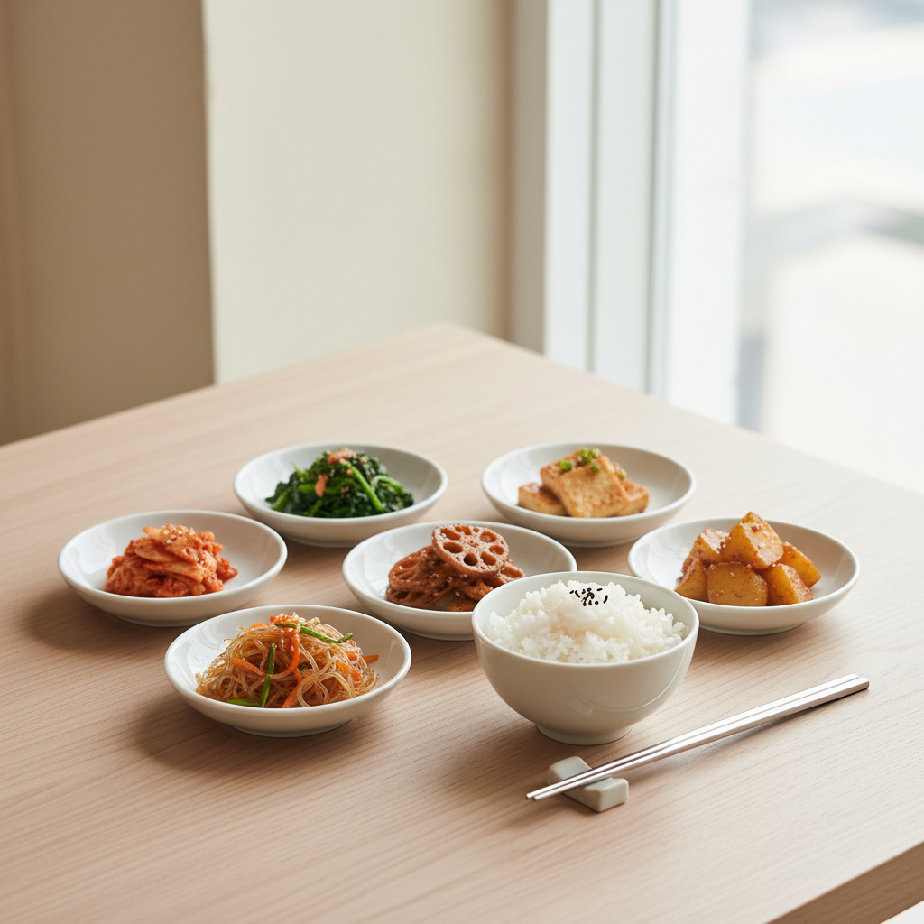 소량씩 담긴 반찬 여러 접시와 작은 밥공기