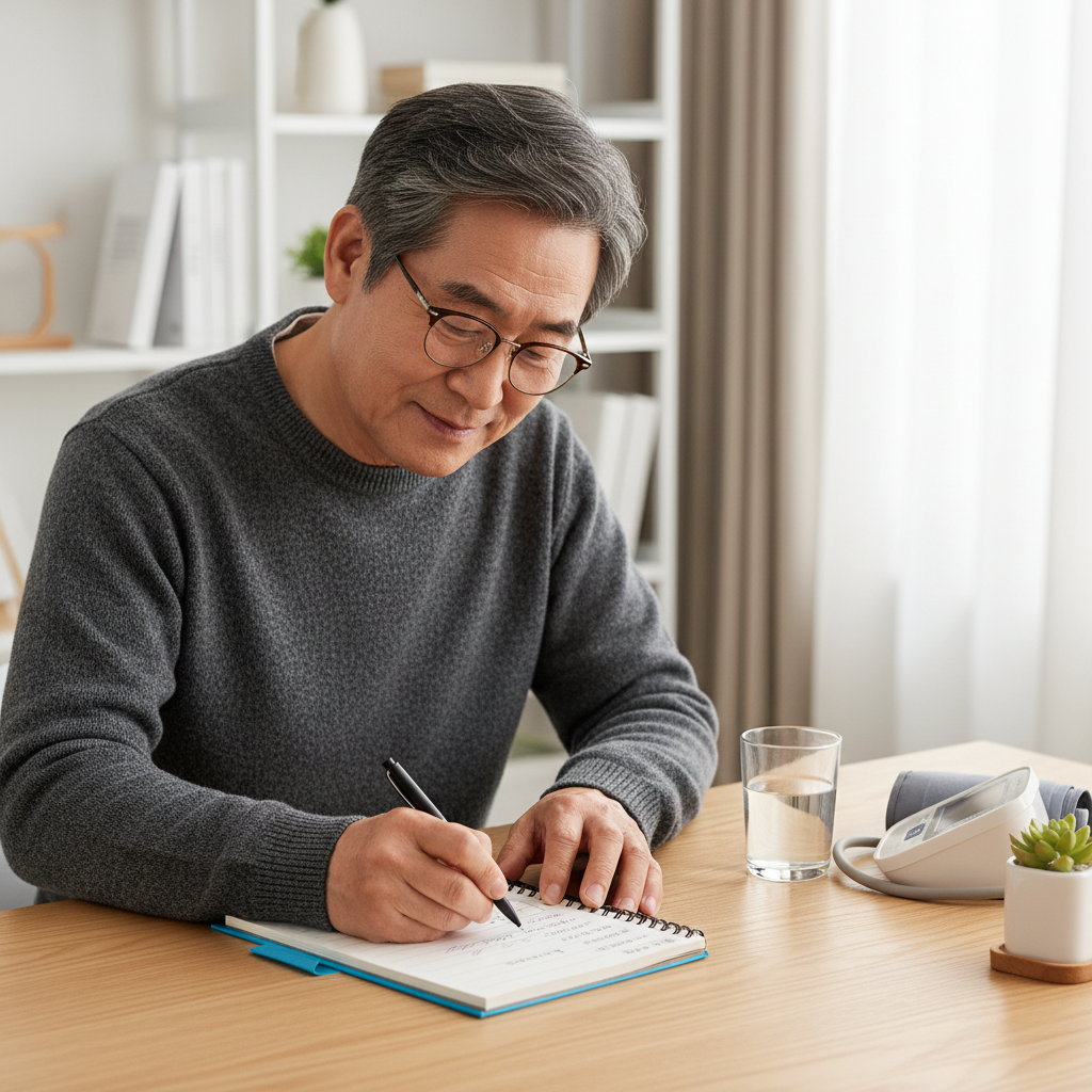 노년 남성이 노트에 건강 상태를 기록하는 모습