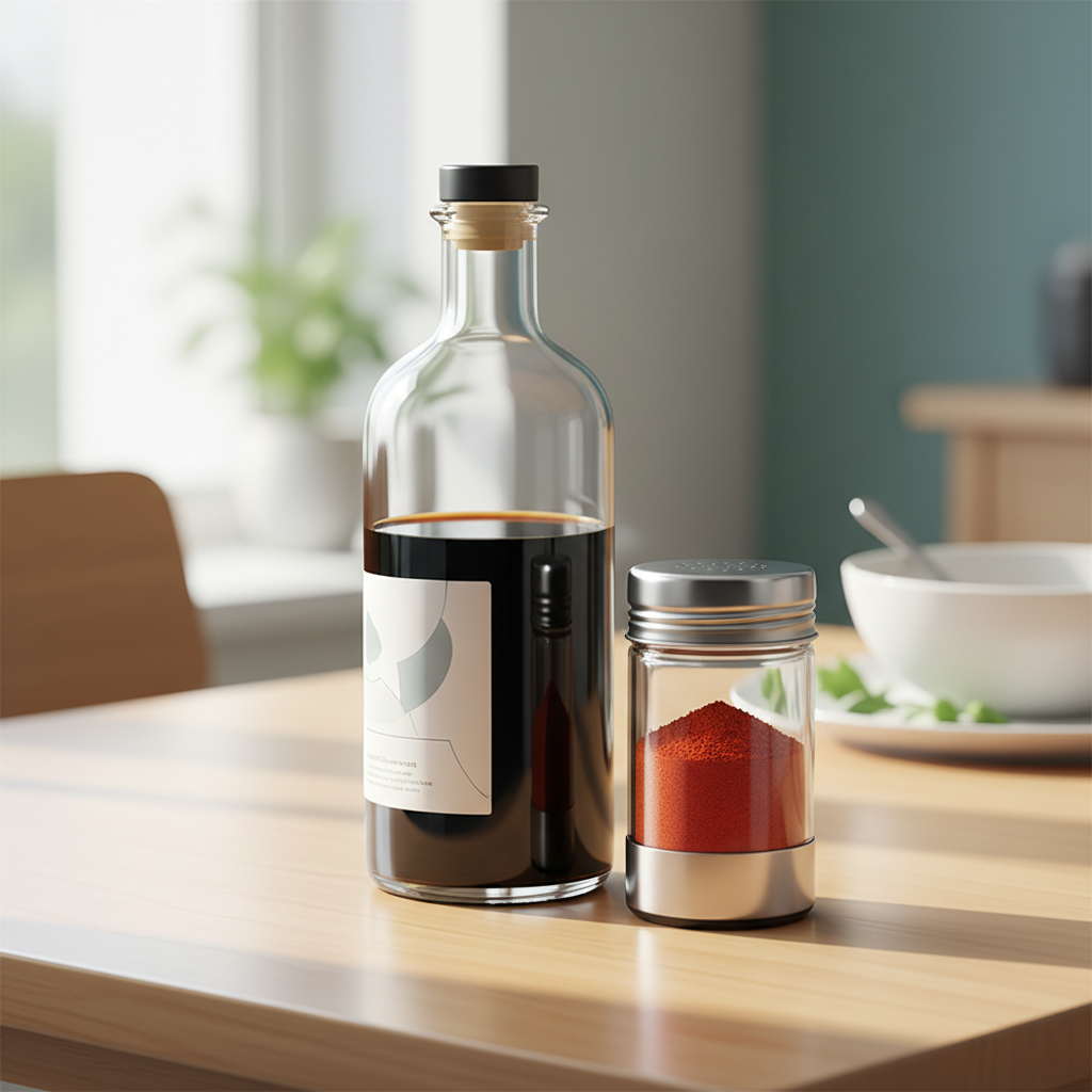 식초병과 고춧가루 통이 나란히 놓인 식탁