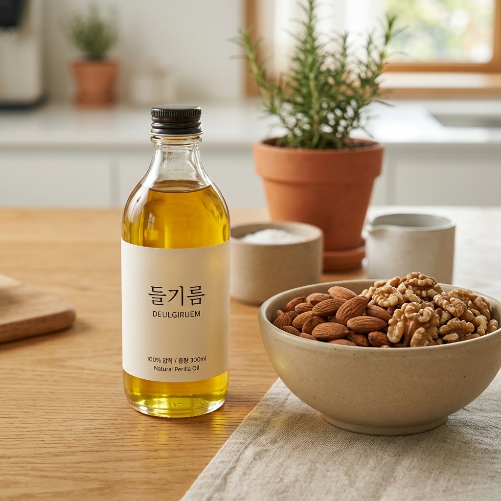 들기름 병과 호두, 아몬드가 담긴 그릇